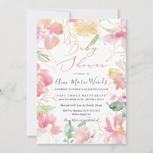 ピックスデザインズの水彩フラワーブラッシュ スイートピー ベビーシャワー 招待状 (正面)