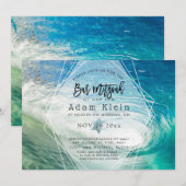 ピックスデザインズ サーフィンに乗れ、パイプライン、ビーチ バー ミツバ。 ヤシの木が揺れ、リップカ 招待状 (正面/裏面)