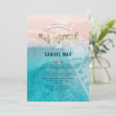 ピックスデザインズ サーフィンアップ、ヤシの木、ビーチ バー ミッツヴァ 招待状 (スタンド正面)