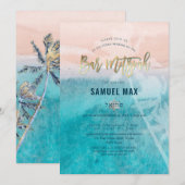 ピックスデザインズ サーフィンアップ、ヤシの木、ビーチ バー ミッツヴァ 招待状 (正面/裏面)