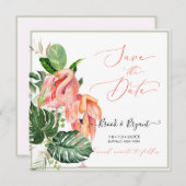 ピックスデザインズ ピンクのフラミンゴ 熱帯の葉 招待状 (正面/裏面)