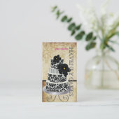 ピックスデザインズ ヴィンテージ ブラック ダマスク ケーキ/パティスリー 名刺 (スタンド正面)