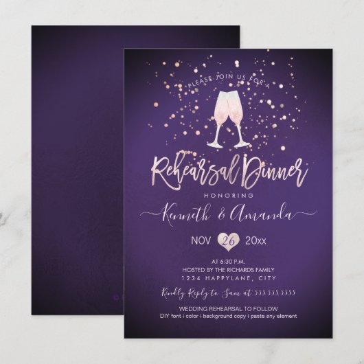 ピックスデザインズ 彩色リハーサルディナー ピンクシャンパン 招待状 (正面/裏面)