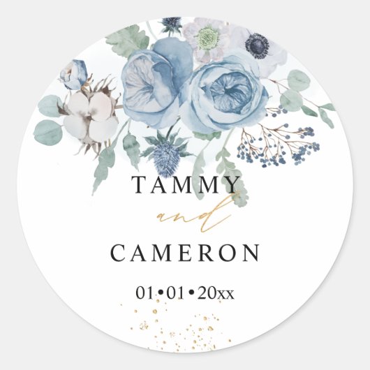 ピックスデザインズ 水彩 冬のダスティーブルーのコットンフラワー ラウンドシール (正面)