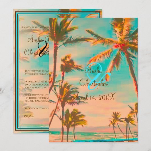 ピックスデザイン ヴィンテージ ハワイアン ビーチ / ティール 招待状 (正面/裏面)