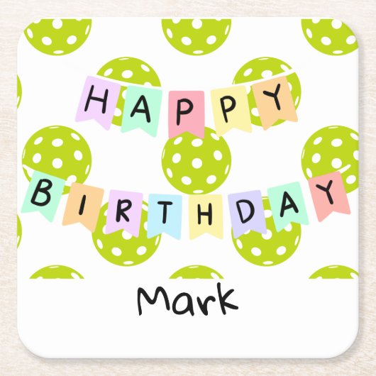ピックボールとハッピーバースデーバナー スクエアペーパーコースター (正面)