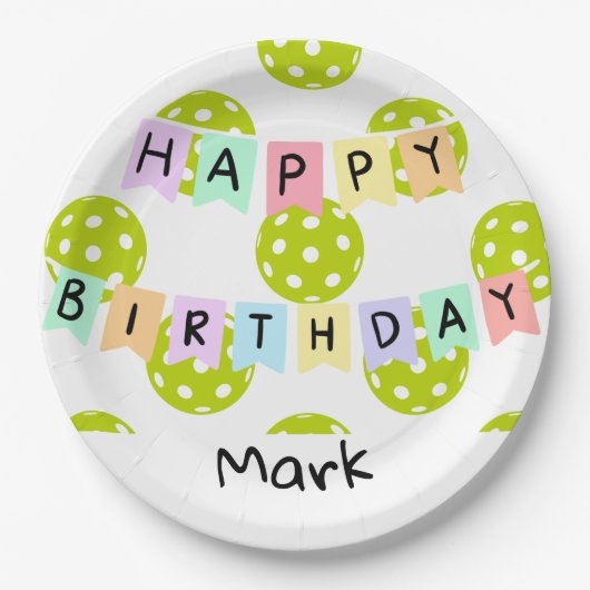 ピックボールとハッピーバースデーバナー ペーパープレート (正面)