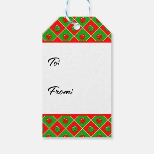 ピックボールのクリスマスレッドとグリーンオーナメントチェック ギフトタグ (裏面)