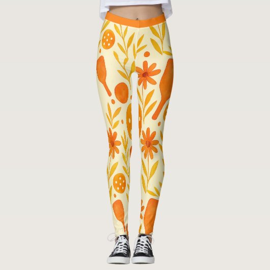 ピックボールオレンジ色の花びらアクティブフィット レギンス (正面)