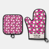 ピックボールキッチンラインのマゼンタグリーンのパーソナライズ 鍋つかみ&鍋敷きセット (正面)