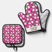ピックボールキッチンラインのマゼンタグリーンのパーソナライズ 鍋つかみ&鍋敷きセット (正面/裏面)