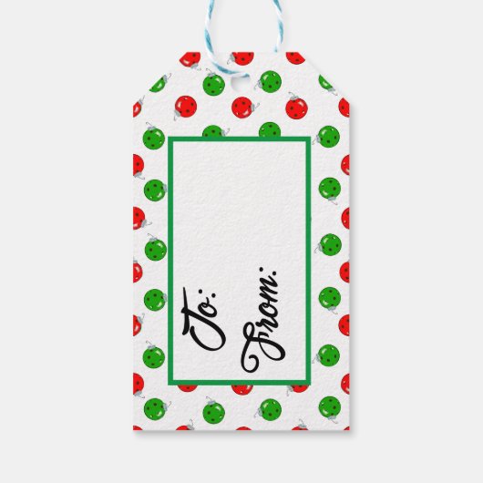 ピックボールクリスマスオーナメント赤緑オンホワイト ギフトタグ (裏面)