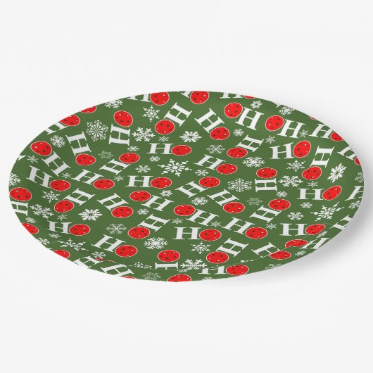 ピックボールクリスマスレッドグリーン雪のフレークHo Ho Ho ペーパープレート (アングル)