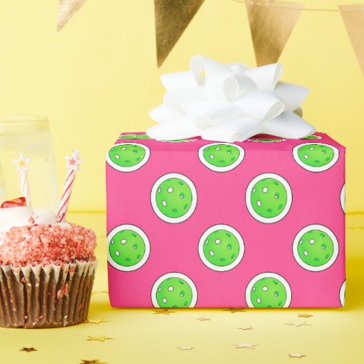 ピックボールグリーンピックボール水玉模様ホットピンク ラッピングペーパー (誕生日パーティー)