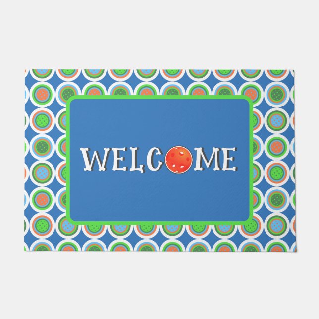 ピックボールサマー水玉模様オレンジグリーンブルーボール ドアマット (正面)