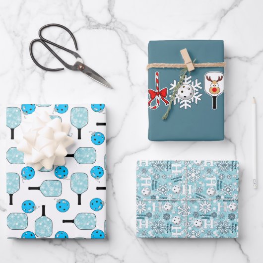 ピックボールジョイクリスマスパーティーブルーホワイトオーナメント ラッピングペーパーシート (正面)