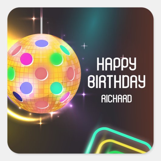 ピックボールスポーツネオンテーマディスコボールパーティー スクエアシール (正面)