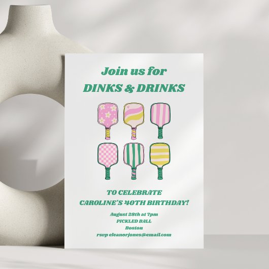 ピックボールテーマピンクグリーンレトロバースデーパーティー 招待状
