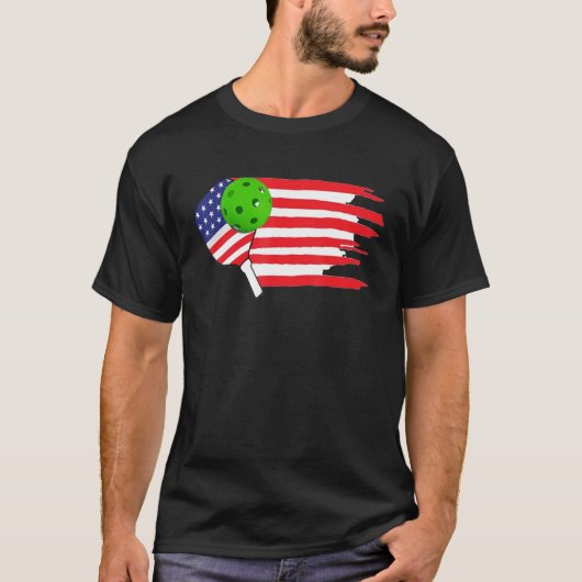 ピックボールパドルアメリカ国旗 Tシャツ (正面)