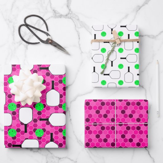 ピックボールパドル – マゼンタハニカムヘキサゴン ラッピングペーパーシート (正面)