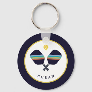 ピックボールパーソナライズされたパドル名ブルーイエロー キーホルダー