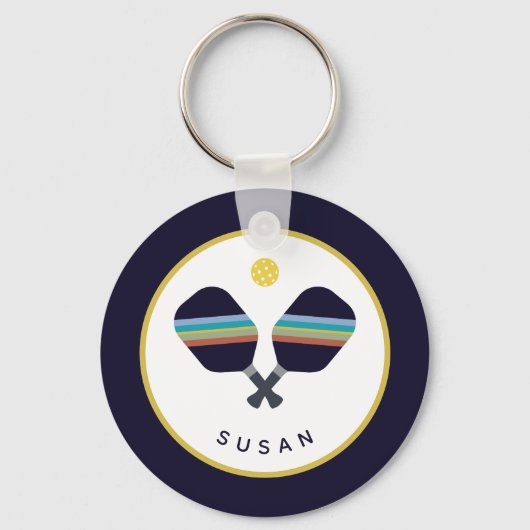 ピックボールパーソナライズされたパドル名ブルーイエロー キーホルダー (正面)