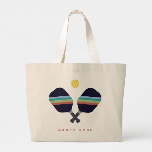 ピックボールパーソナライズされた名パドルストライプのズ ラージトートバッグ (裏面)