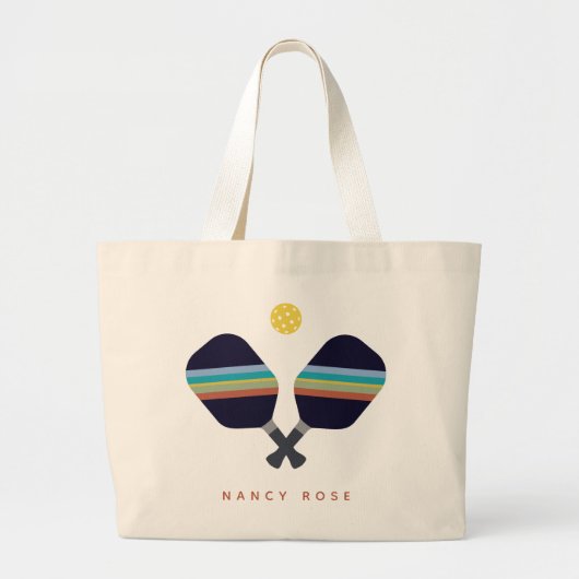 ピックボールパーソナライズされた名パドルストライプのズ ラージトートバッグ (正面)