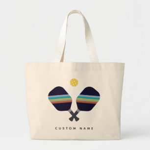 ピックボールパーソナライズされた名パドルストライプのブルー ラージトートバッグ