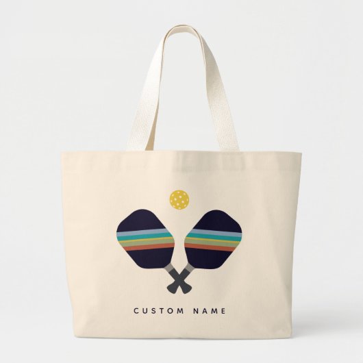 ピックボールパーソナライズされた名パドルストライプのブルー ラージトートバッグ (正面)