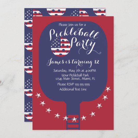 ピックボールパーティースターとストライプ愛国心 招待状 (正面/裏面)