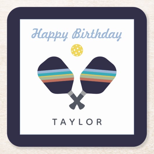 ピックボールパーティースポーツダークブルーストライプのパドル スクエアペーパーコースター (正面)