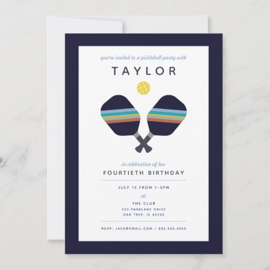 ピックボールパーティースポーツダークブルーストライプのパドル 招待状 (正面)