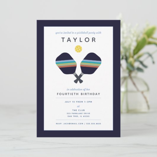 ピックボールパーティースポーツダークブルーストライプのパドル 招待状 (スタンド正面)