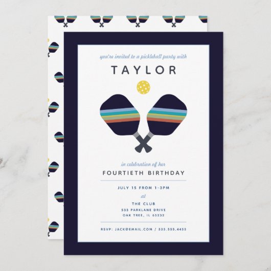 ピックボールパーティースポーツダークブルーストライプのパドル 招待状 (正面/裏面)