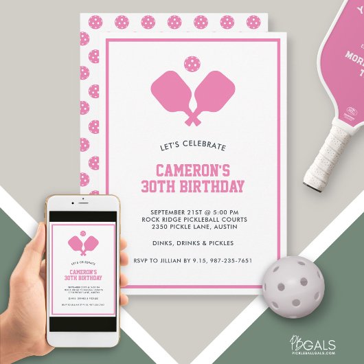 ピックボールパーティーパドルピンク白カスタム 招待状