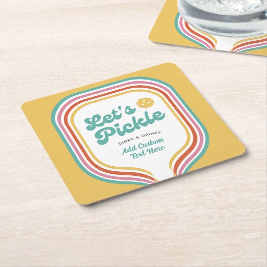 ピックボールパーティーレッツピックルレトロレインボーストライプ スクエアペーパーコースター (アングル)