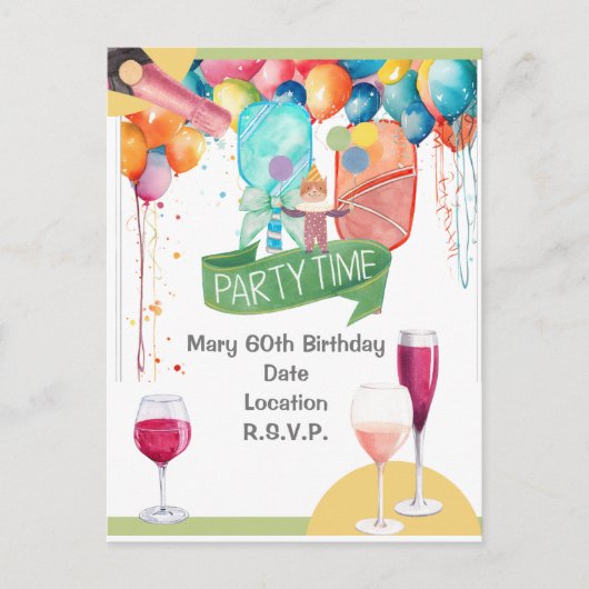 ピックボールパーティー誕生日水彩 ポストカード (正面)