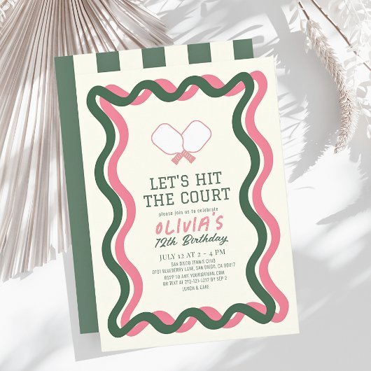 ピックボールピンク&グリーンウェーブフレームガール誕生日 招待状