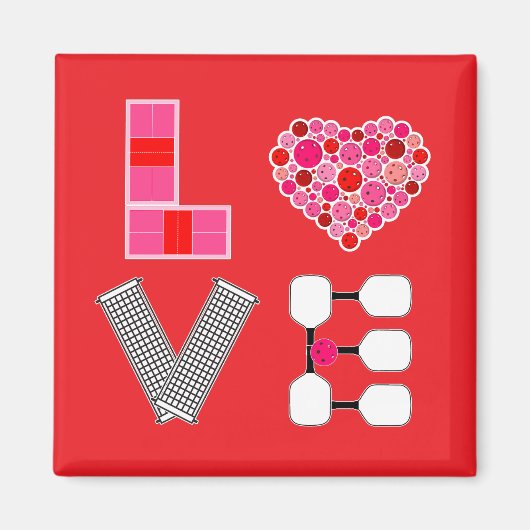 ピックボールラブハートコートボールパドルピンクレッド マグネット (正面)