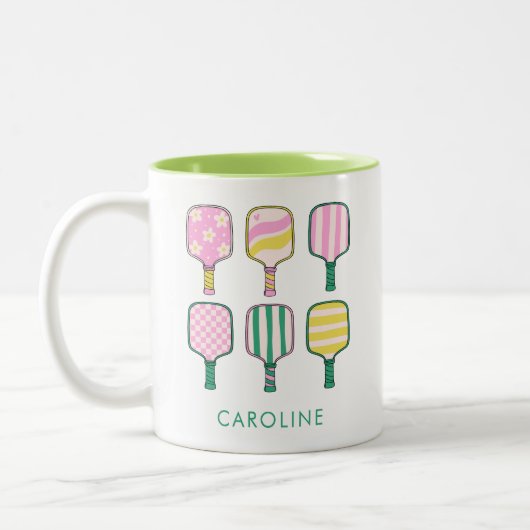 ピックボール恋人レトロピンクグリーンパーソナライズされた ツートーンマグカップ (左)