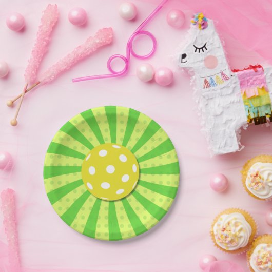 ピックボール誕生日グリーンレトロストライプズスポーツ ペーパープレート (パーティー)