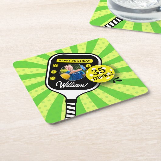 ピックボール誕生日パーティーレトログリーンスポーツ写真 スクエアペーパーコースター (アングル)
