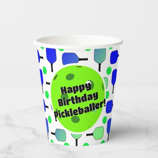 ピックボール誕生日ブルーグリーンハッパーソナライズされたピー 紙コップ (正面)