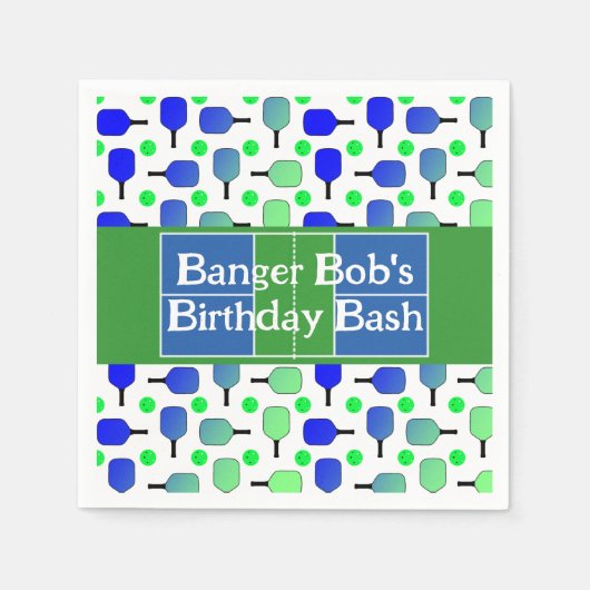 ピックボール誕生日ブルーグリーンパドルボールバンギング スタンダードカクテルナプキン (正面)