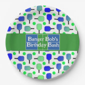 ピックボール誕生日ブルーグリーンパドルボールバンギング ペーパープレート (正面)