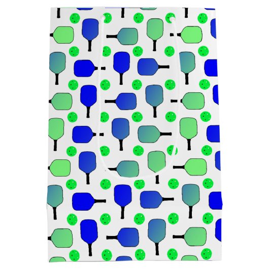 ピックボール誕生日ブルーグリーンパドルボールバンギング ミディアムペーパーバッグ (裏面)