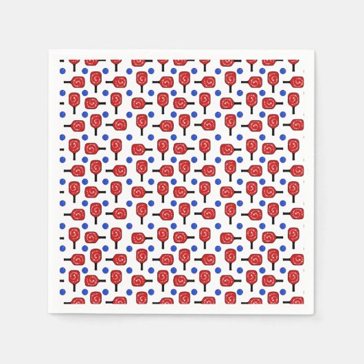 ピックボール赤白青パドルとピックボール スタンダードカクテルナプキン (正面)