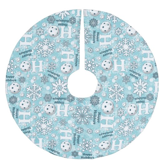 ピックボール雪だるま青と白ハッピーホリデー ブラッシュドポリエステルツリースカート (正面)