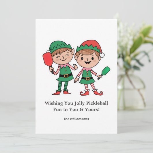 ピックルおもしろいボールクリスマス小妖精や小人カスタム文字 シーズンカード (スタンド正面)